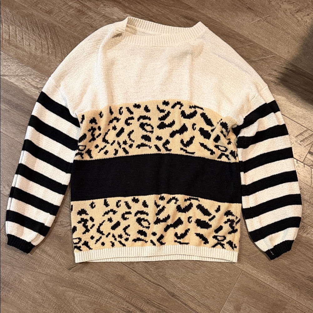 Leopard Print Striped Sweater - Cream and Black